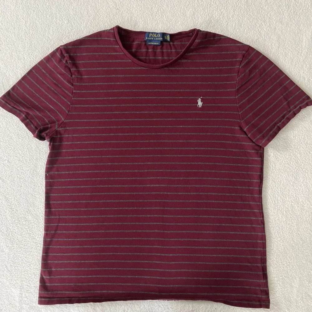 Polo Ralph Lauren Mens Extra Large T-Shirt Maroon Striped Custom Slim Fit